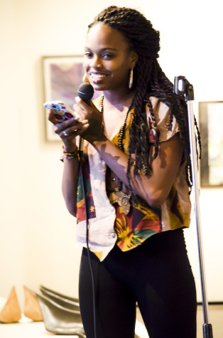 Lyniesha Smith, 20, third year at De Anza, reciting her own poems. 